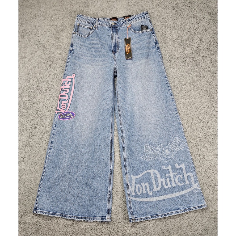 Von Dutch Women's Extra Wide Leg Flare Jeans 30 Patch Logo Embroidered Y2K NWT